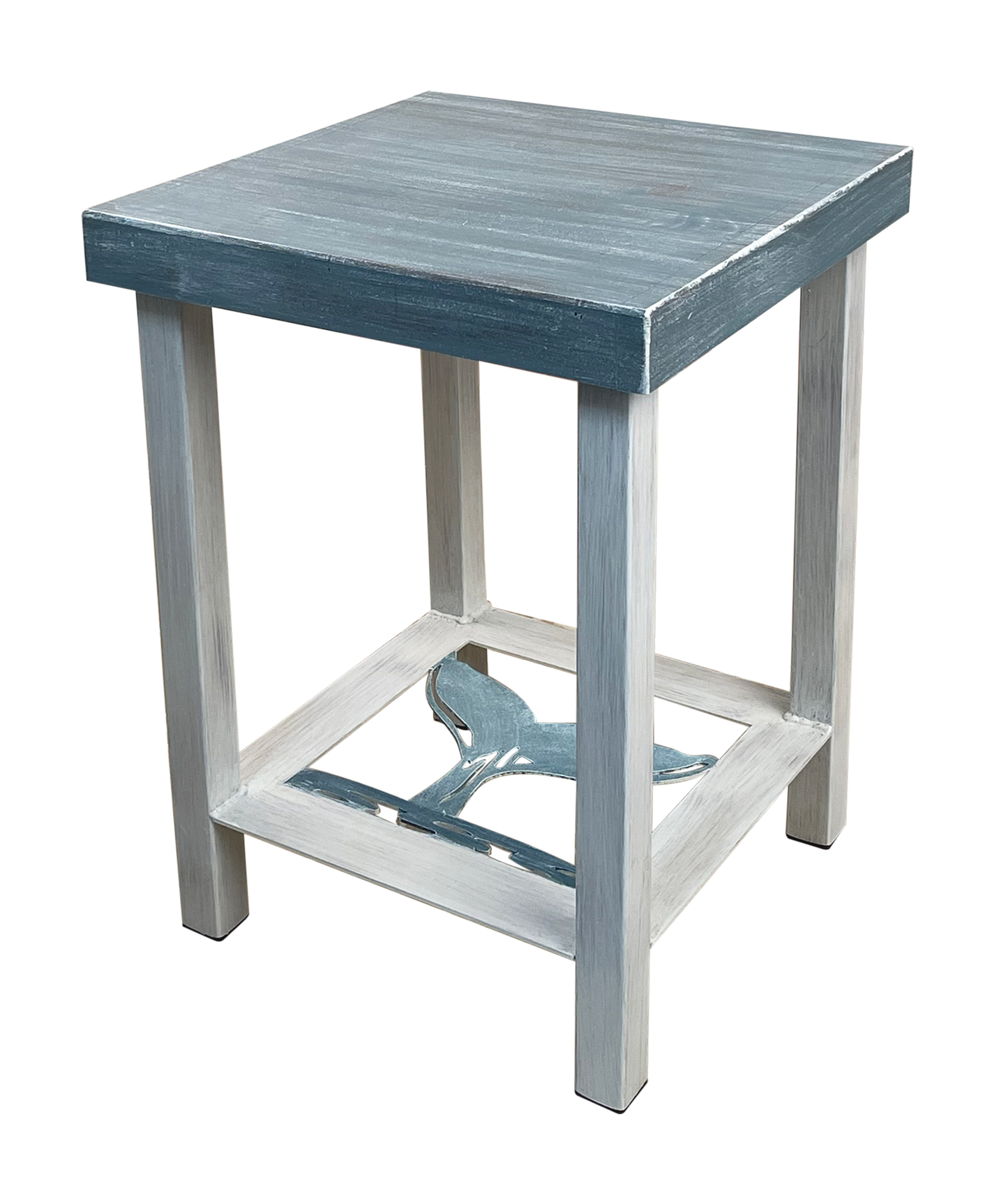 Cottage/Pacific Square Iron End Table with Whale Tail Accent and Wood Top