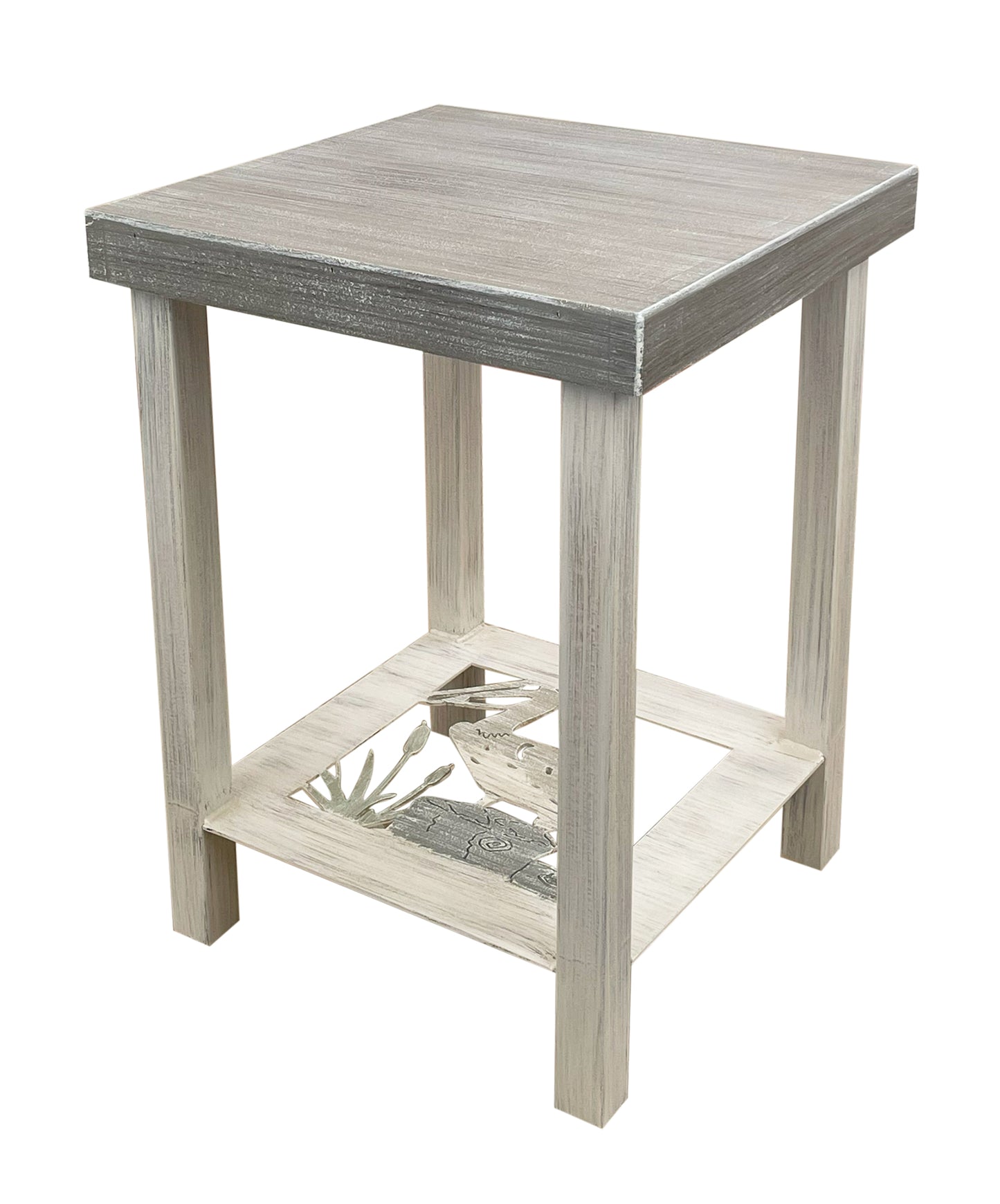 Cottage/Dockside Square Iron End Table with Pelican Accent and Wood Top