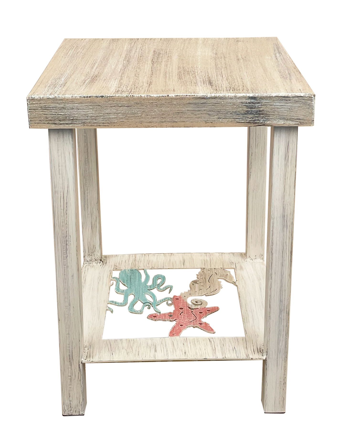 Cottage/Island Square Iron End Table with Underwater Accent and Wood Top