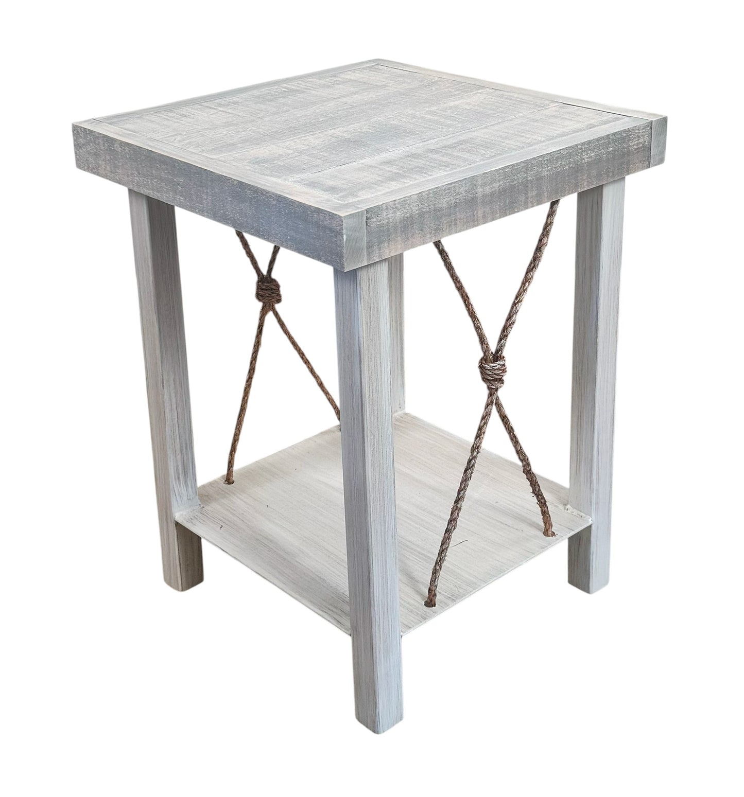 Iron End Table w/ Weathered Knotted Rope Accent and Grey Rough Sawn Top