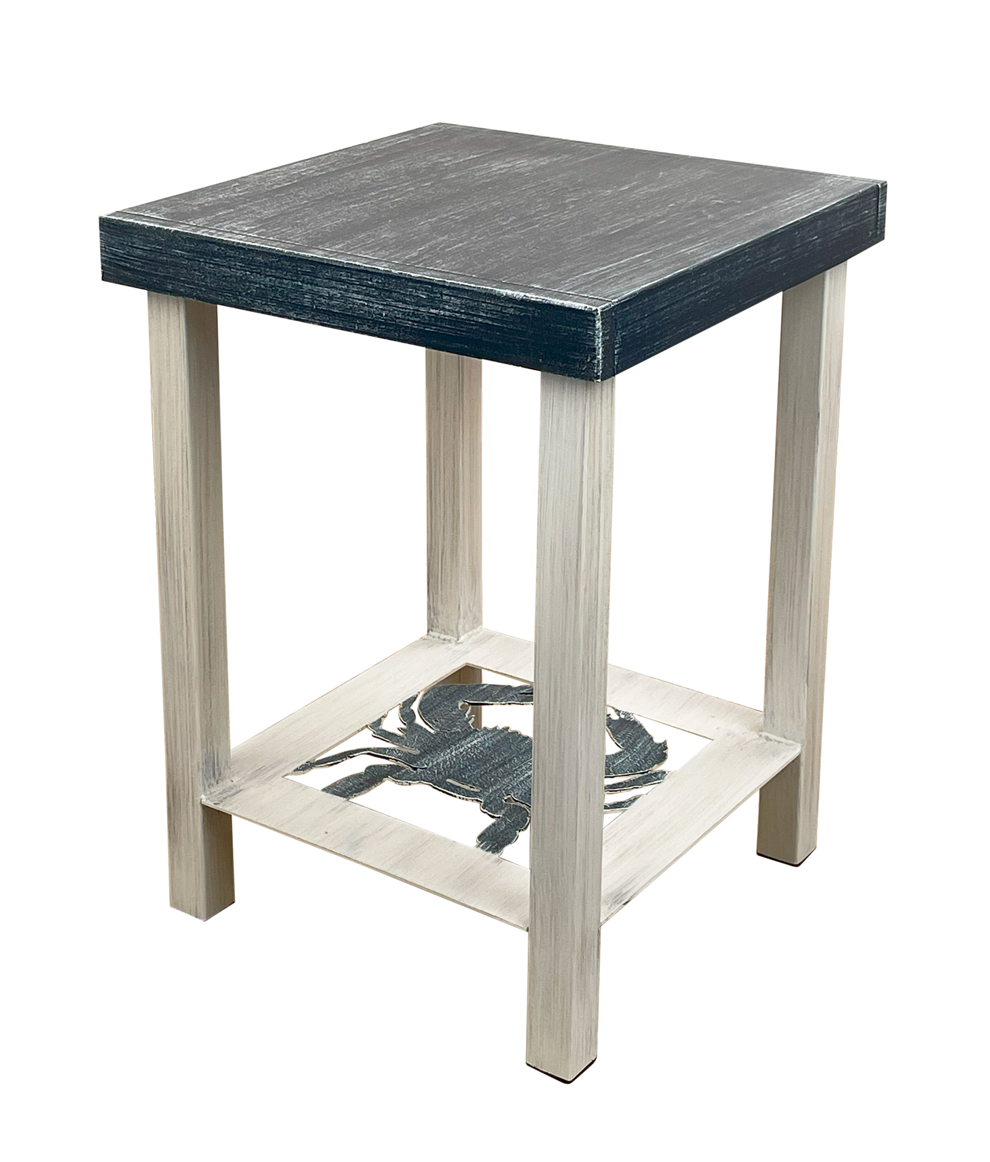 Cottage/Navy Square Iron End Table with Crab Accent and Wood Top