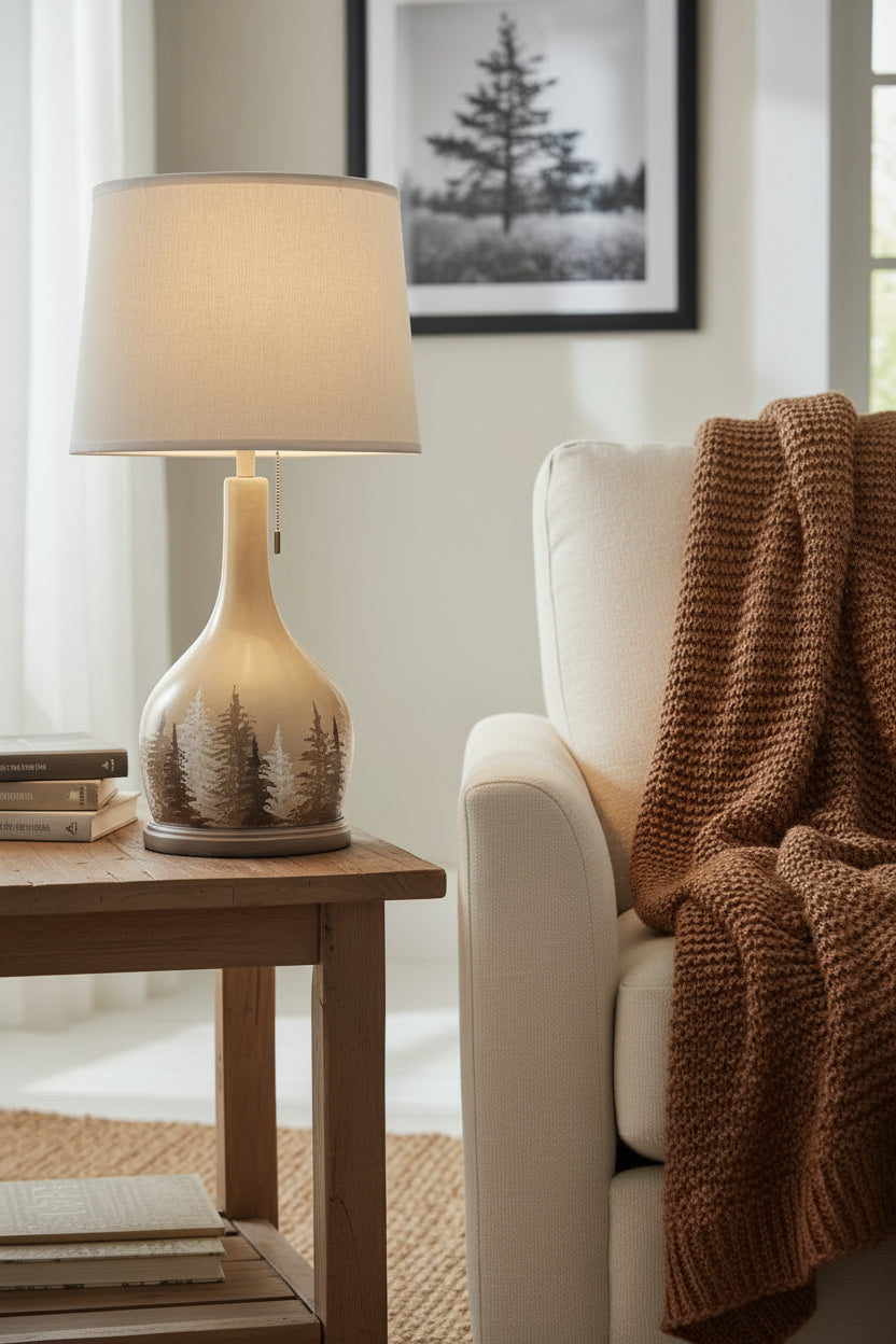 COTTAGE OVAL POT W/ HANDPAINTED NEUTRAL TREES