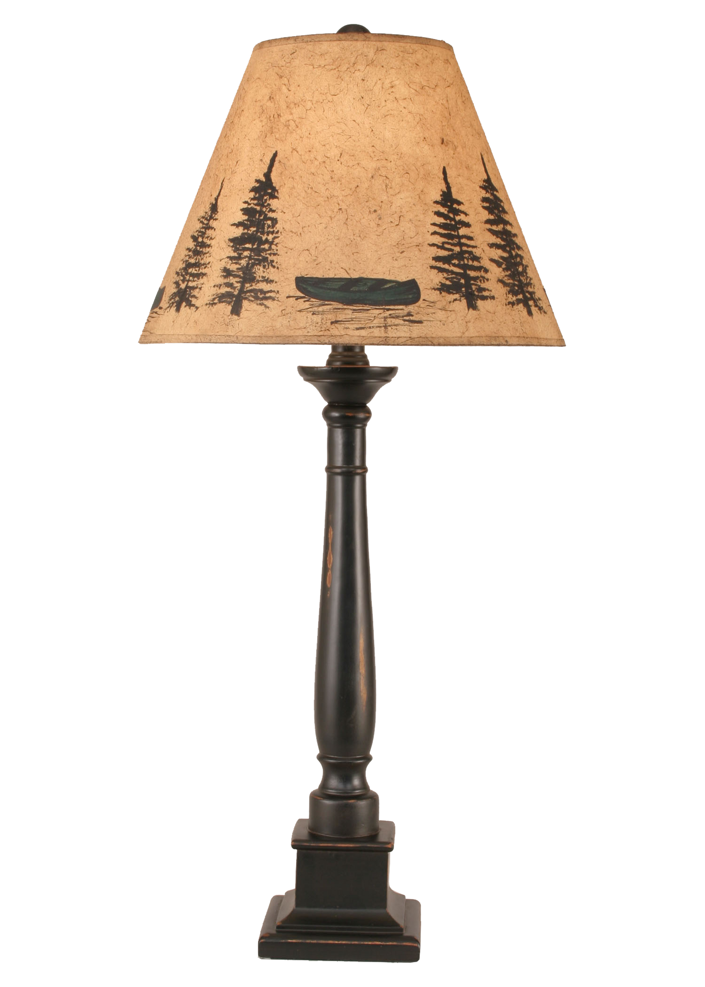 Distressed Black Square Candlestick Table Lamp w/ Canoe Scene Shade - Coast Lamp Shop