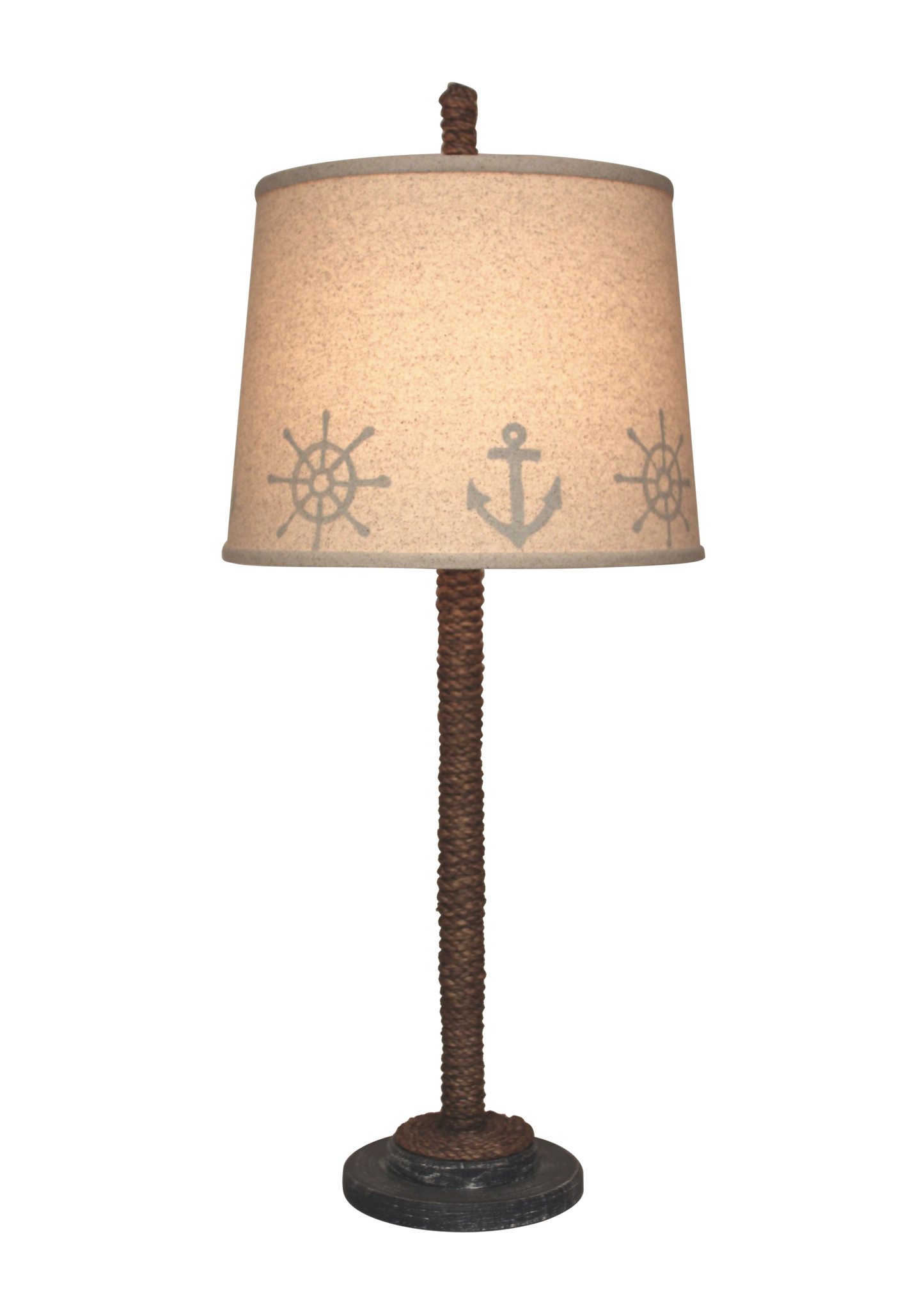 Weathered Navy Manila Rope w/Painted Base Table Lamp- Anchor/Wheel Shade - Coast Lamp Shop