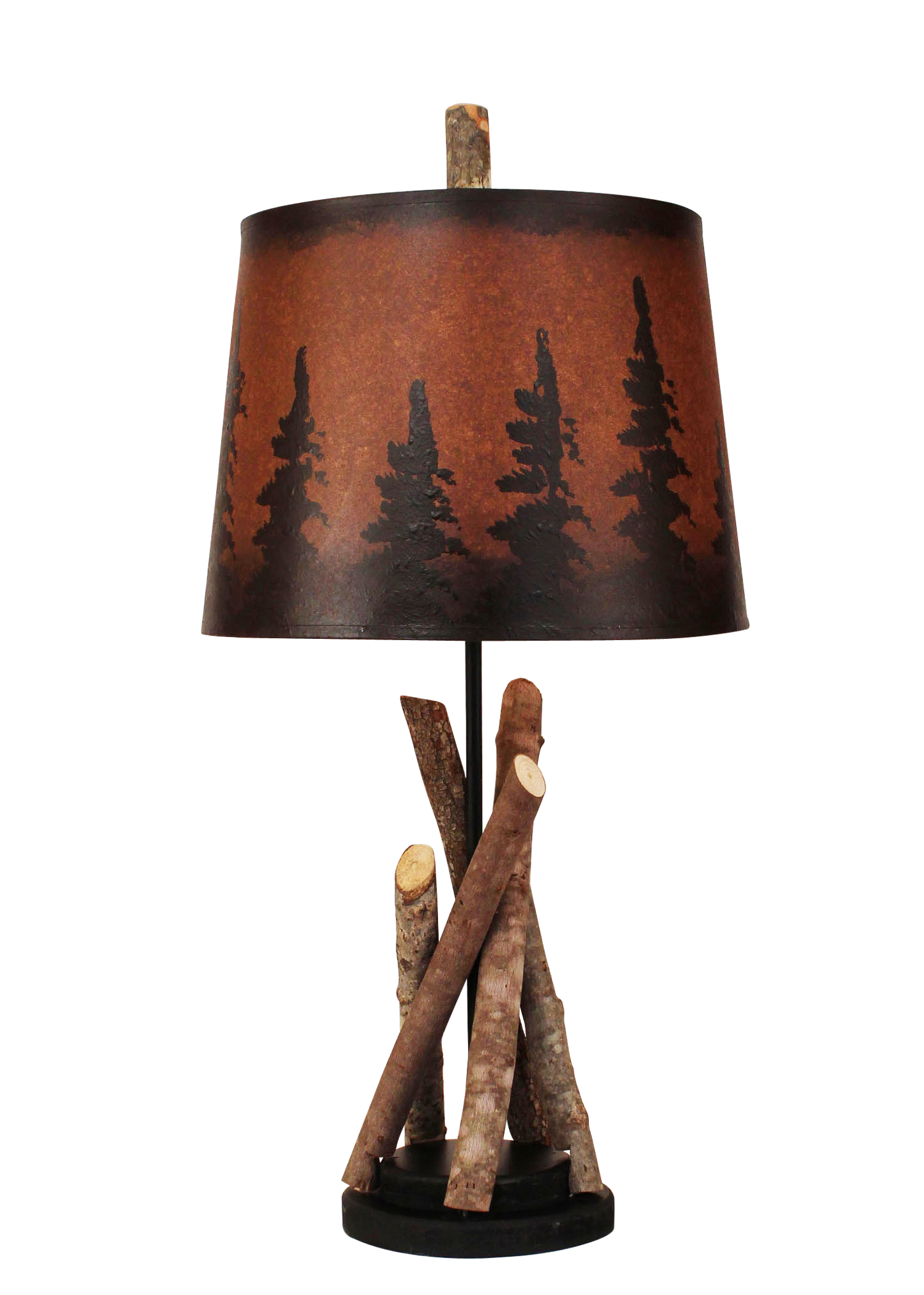 Black Stick Accent Lamp with Round Wooden Base- Pine Tree Grove Shade - Coast Lamp Shop