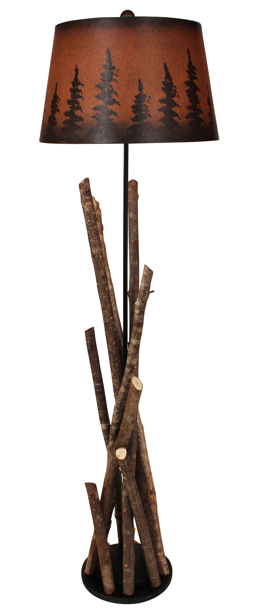 Black Stick Floor Lamp with Round Wooden Base- Pine Tree Grove Shade - Coast Lamp Shop