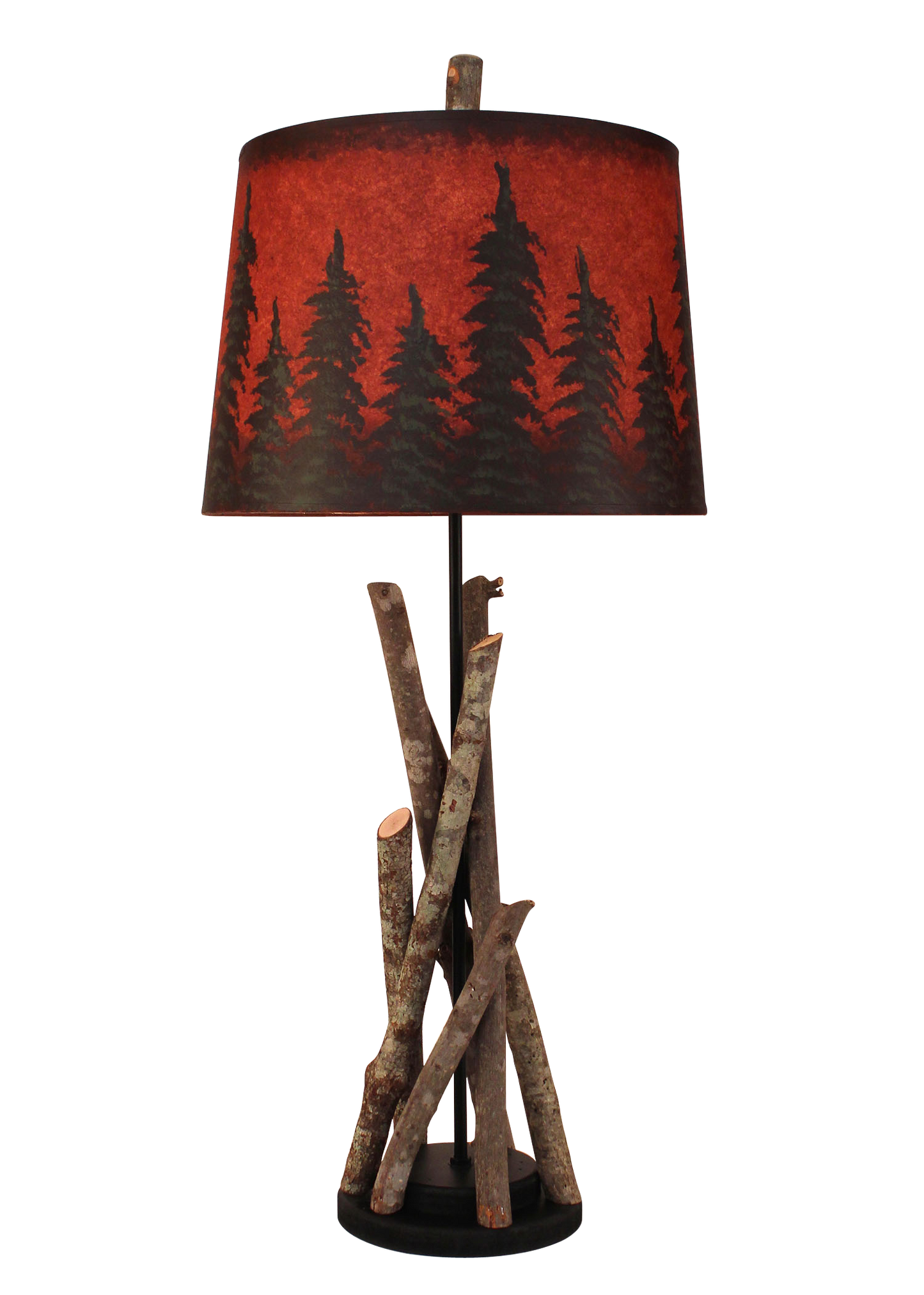 Black Stick Table Lamp with Round Wooden Base- Red Pine Tree Grove Shade - Coast Lamp Shop