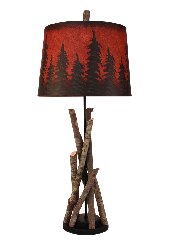 Black Stick Table Lamp with Round Wooden Base- Red Pine Tree Grove Shade - Coast Lamp Shop