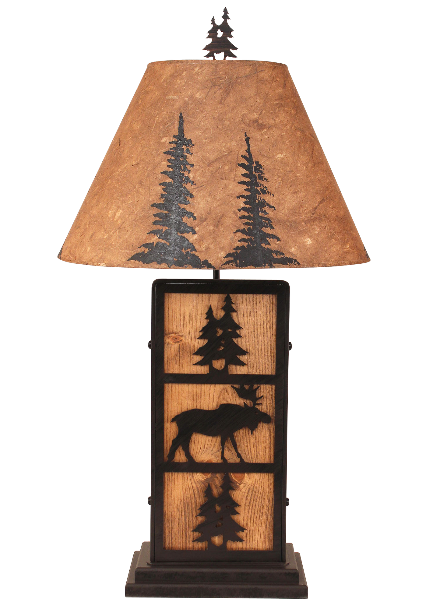 Kodiak Moose and Tree Iron/Wood Table Lamp- Pine Tree Shade - Coast Lamp Shop