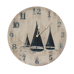 Cottage/Navy 24" Round Clock with Etched Sailboat Scene - Coast Lamp Shop