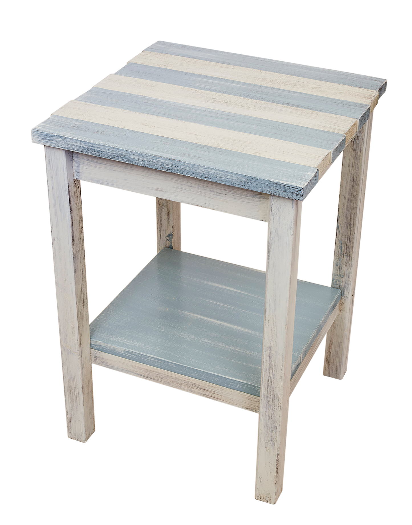 Cottage/Seaside Villa Stripe All Wood 17" End Table with Uneven Top and Shelf