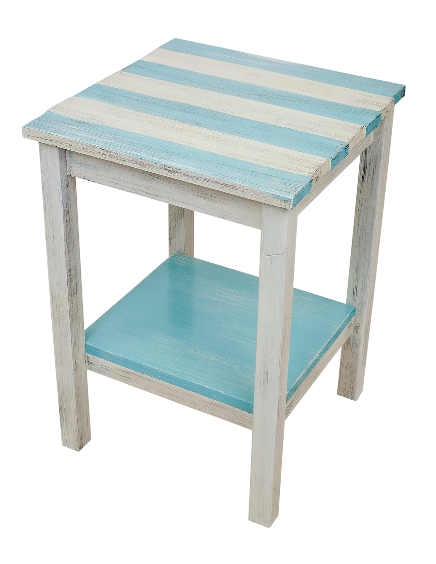 Cottage/Turquoise Sea Stripe All Wood 17" End Table with Uneven Top and Shelf