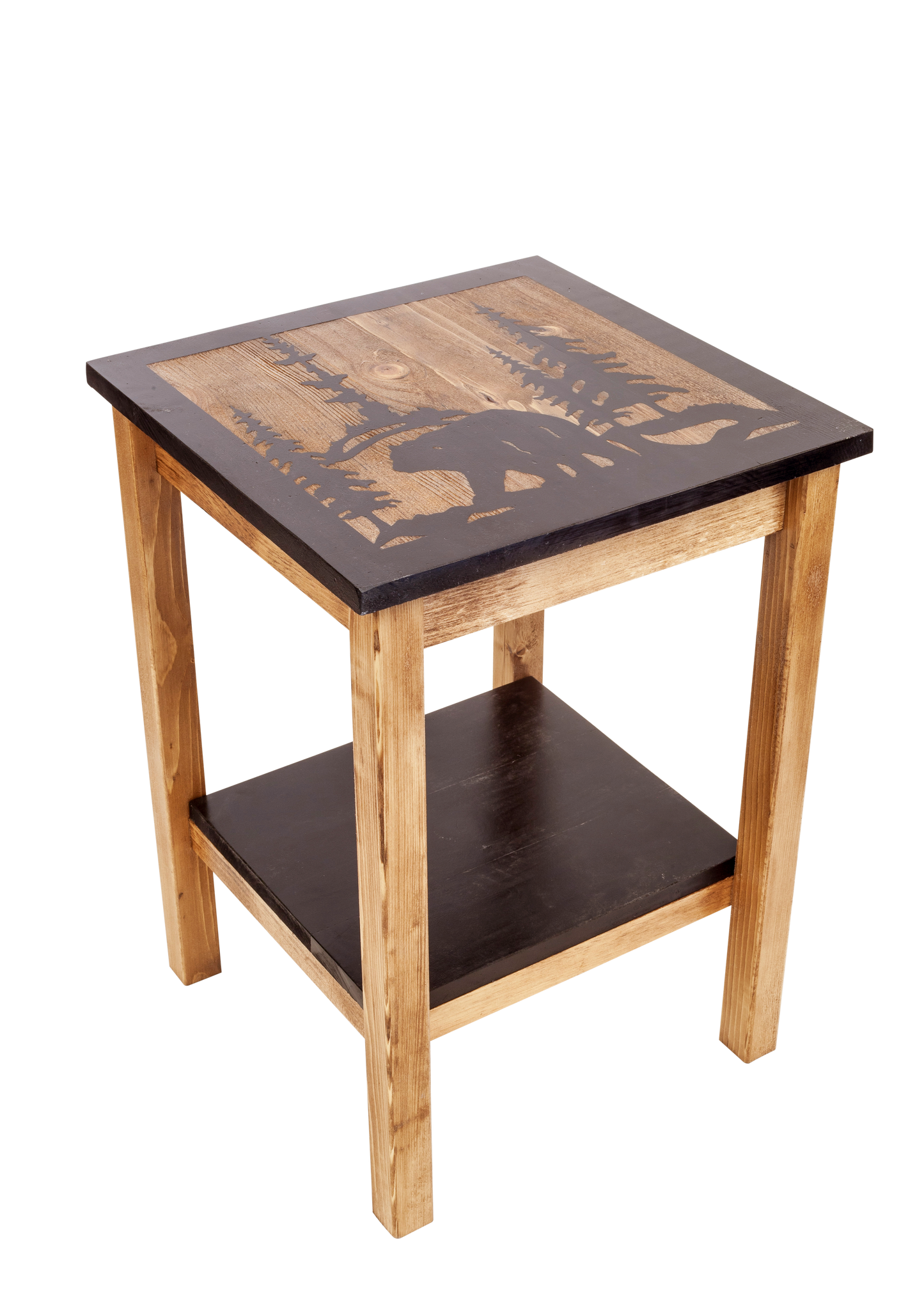 Stain/Black All Wood End Table with Bear Scene and Shelf