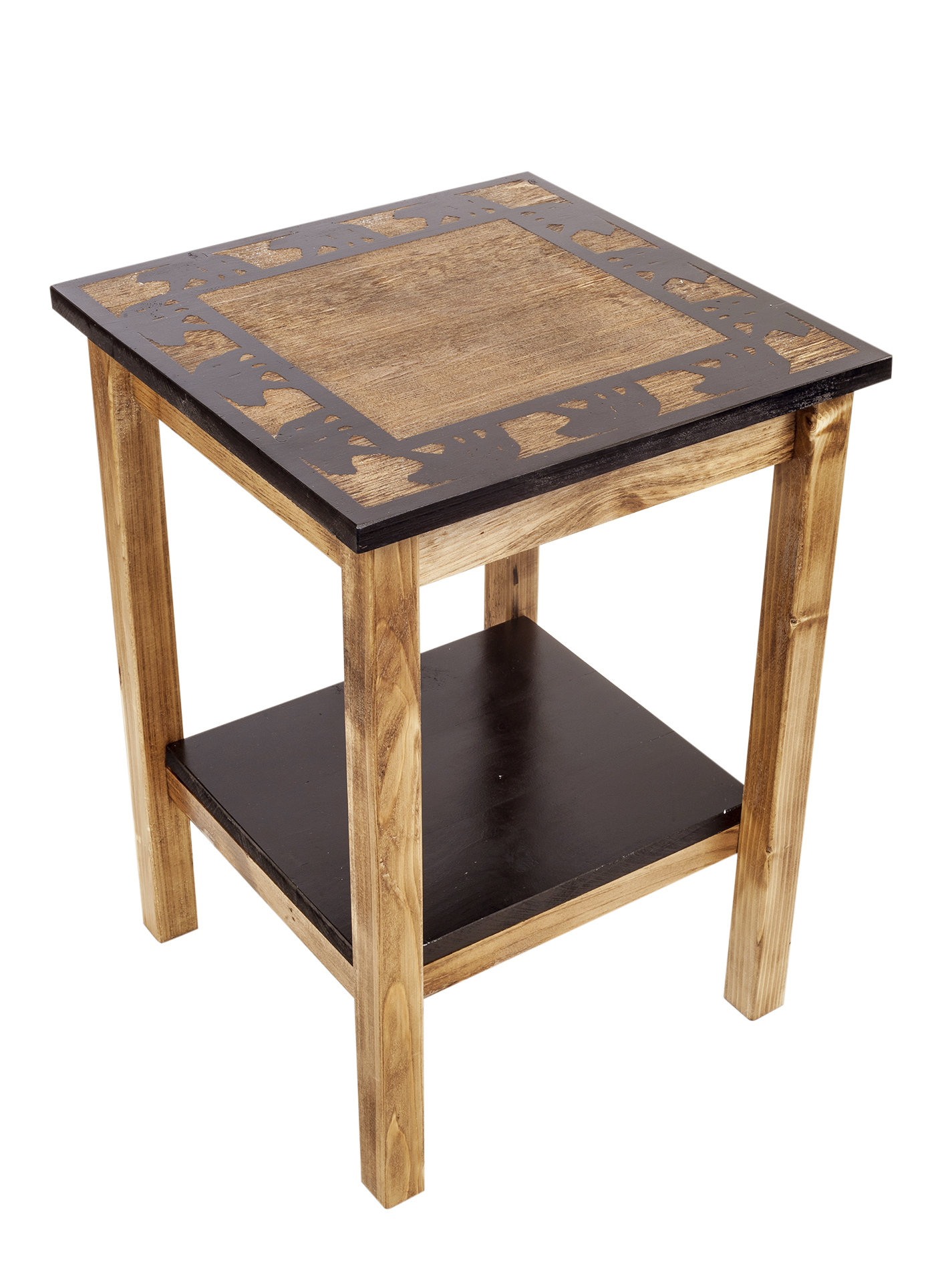Stain/Black All Wood End Table with Bear Boarder Scene and Shelf