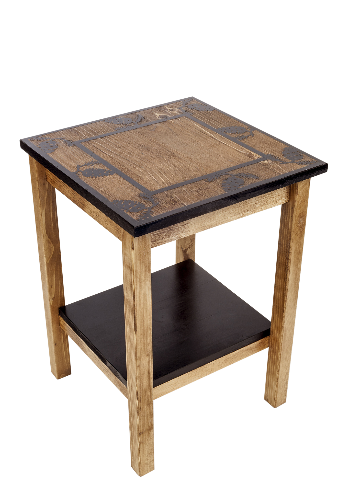 Stain/Black All Wood 17" End Table with Pinecone Boarder Scene and Shelf