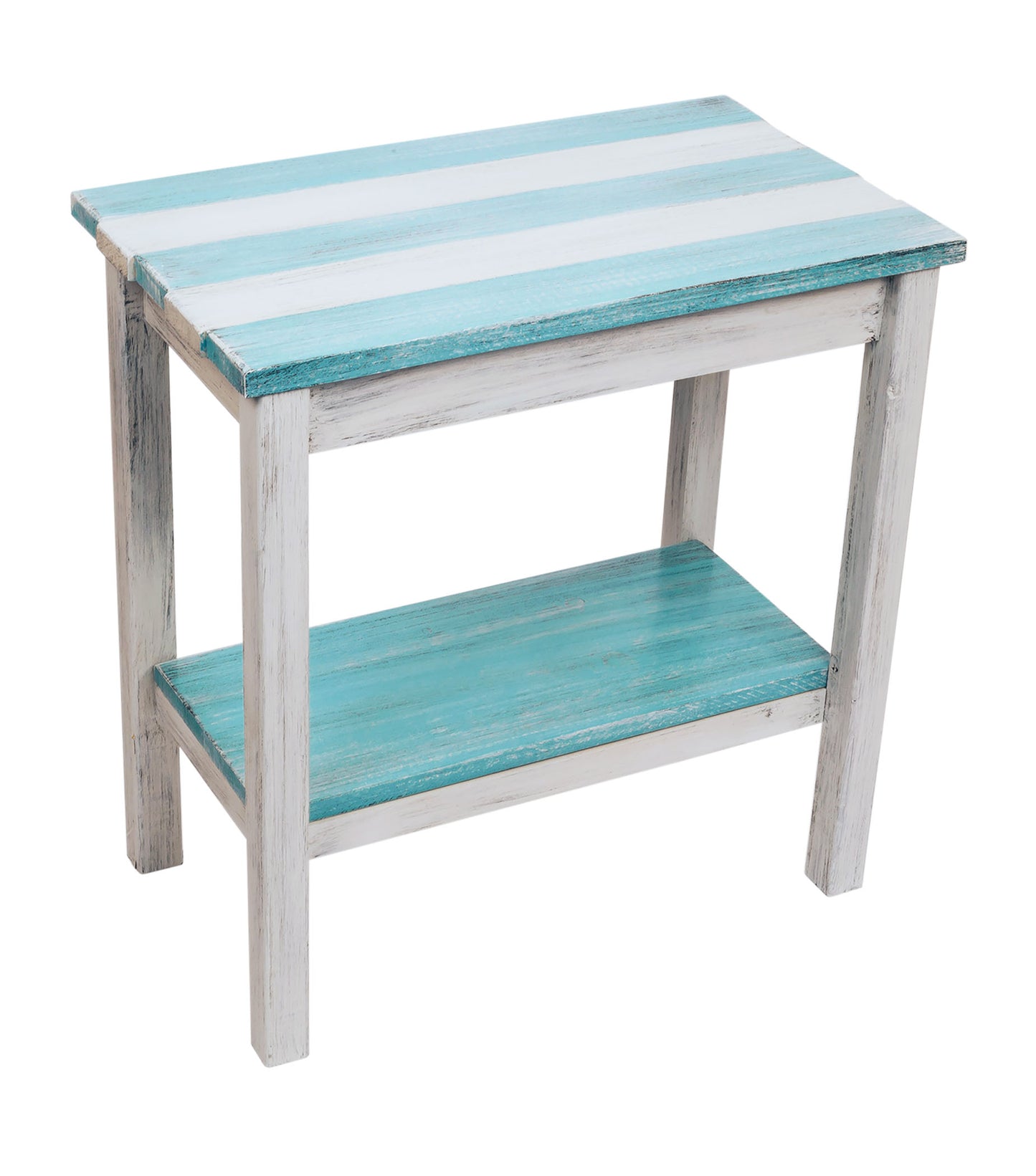 Cottage/Turquoise Sea Stripe All Wood 14"x23 End Table with Uneven Top and Shelf - Coast Lamp Shop