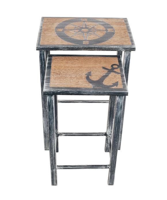 Navy/Stain Nesting Iron/Wood Drink Tables with Nautical Compass and Anchor Accent