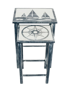 Navy/Cottage Nesting Iron/Wood Drink Tables with Sailboat and Nautical Compass Accent