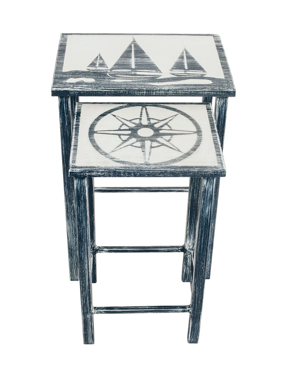 Navy/Cottage Nesting Iron/Wood Drink Tables with Sailboat and Nautical Compass Accent