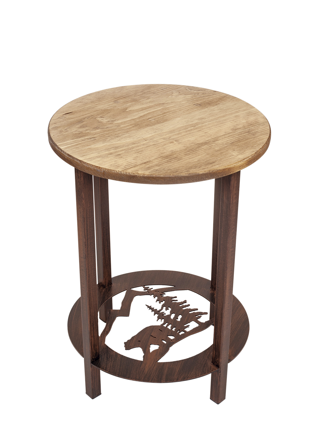 Burnt Sienna Round Iron/Wood End Table with Bear Scene