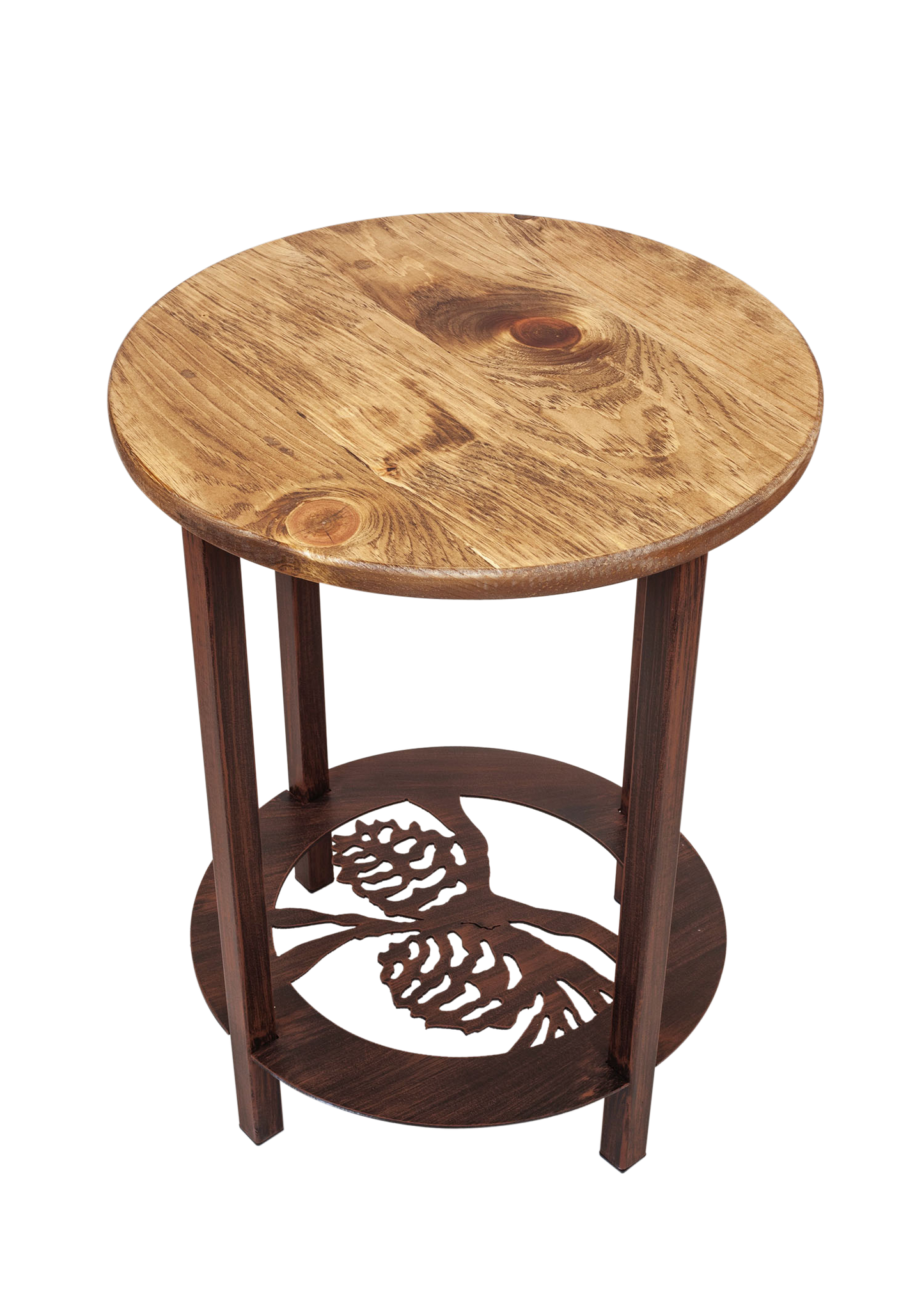Burnt Sienna Round Iron/Wood End Table with Pine Cone Scene