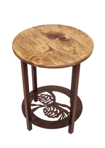 Burnt Sienna Round Iron/Wood End Table with Pine Cone Scene