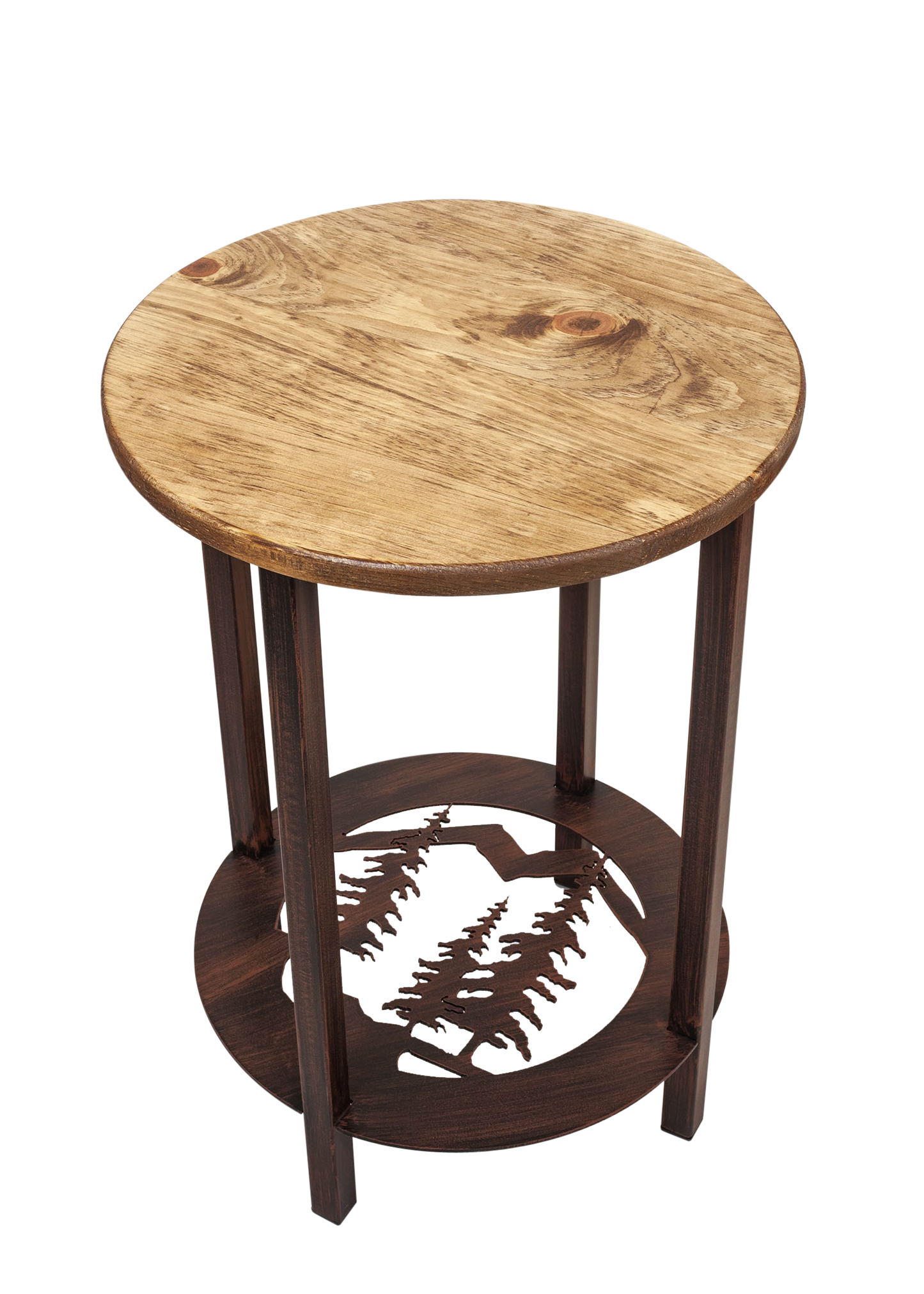 Burnt Sienna Round Iron/Wood End Table with Feather Tree Scene