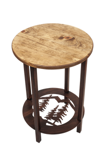 Burnt Sienna Round Iron/Wood End Table with Feather Tree Scene