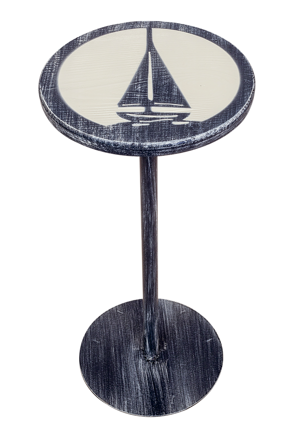 Weathered Navy/Cottage Round Wooden Top Drink Table with Etched Sailboat Accent