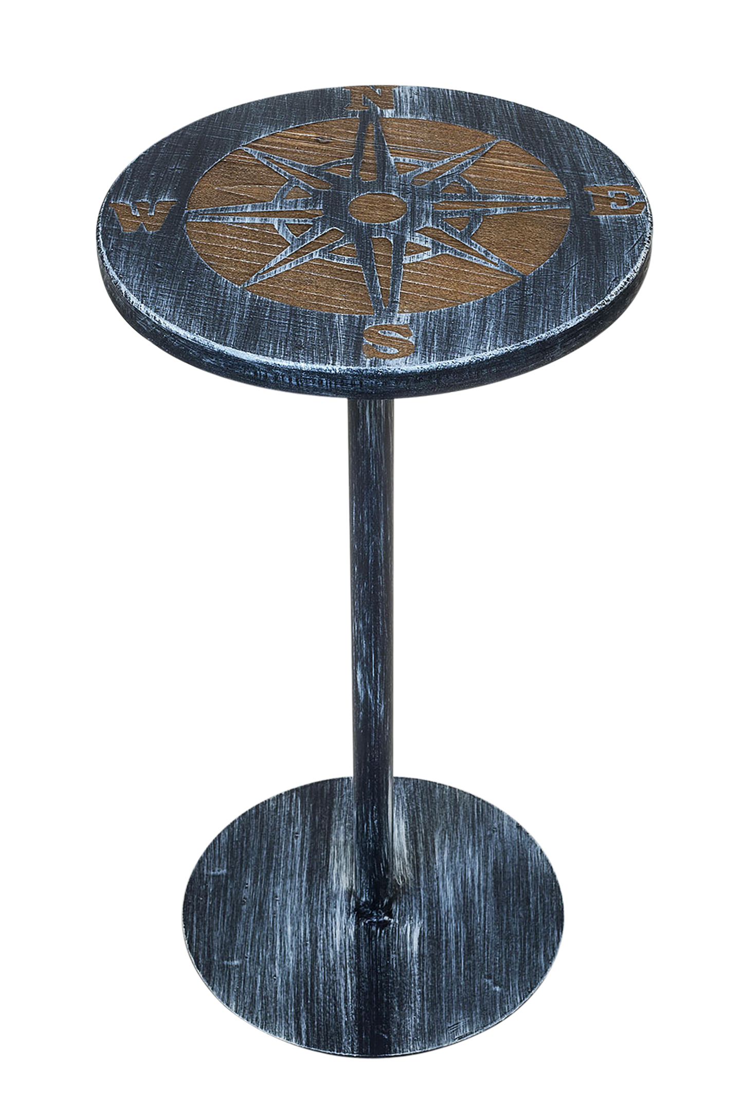 Weathered Navy/Weathered Stain Round Iron Drink Table with Etched Compass Top