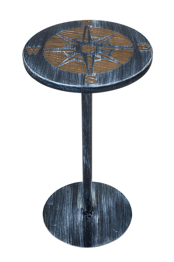 Weathered Navy/Weathered Stain Round Iron Drink Table with Etched Compass Top