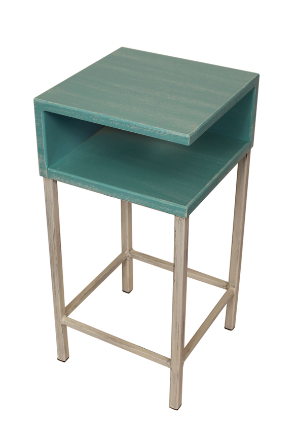 Cottage/Turquoise Sea Iron Drink Table with Wooden Shelf and Top - Coast Lamp Shop
