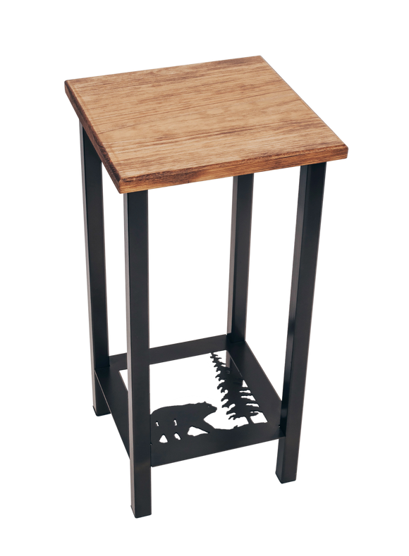 Black/Stain Square Iron Drink Table with Bear /Tree Accent and Wood Top