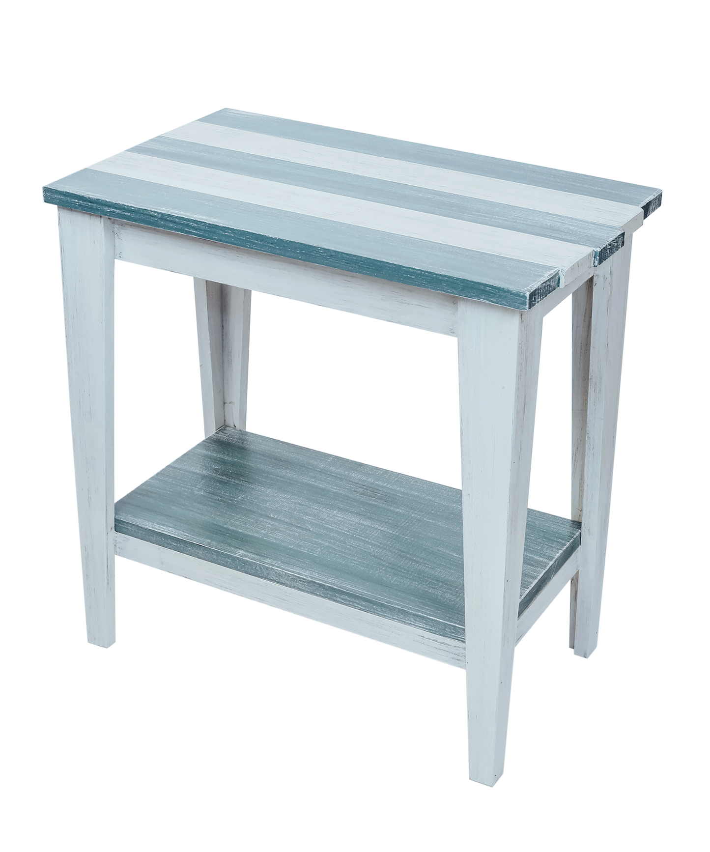 Cottage/Riverway Stripe Tapered Leg Side Table with Deck Board top and Bottom Shelf