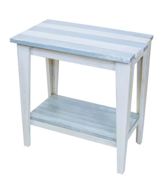 Cottage/Seaside Villa Stripe Tapered Leg Side Table with Deck Board top and Bottom Shelf