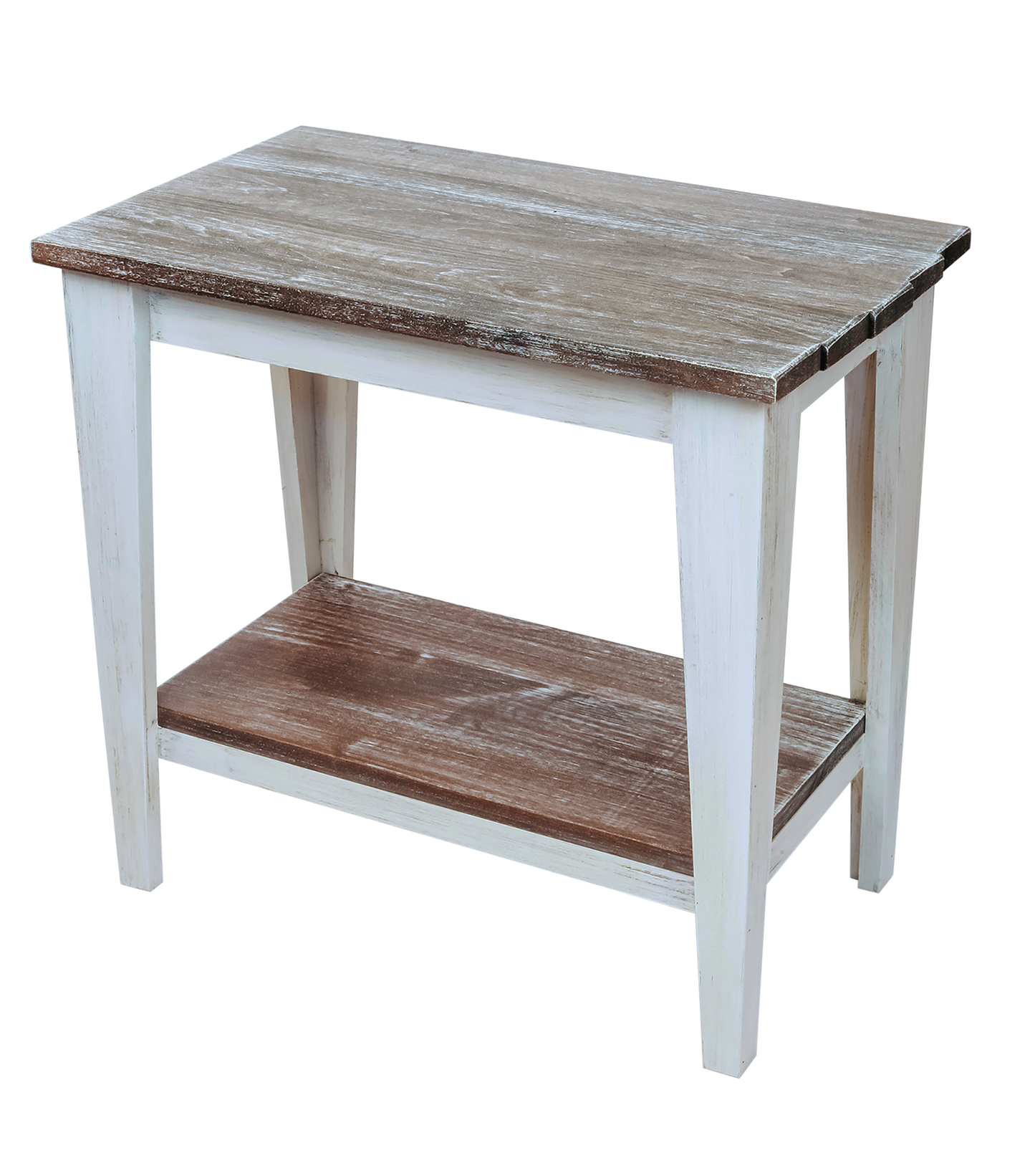 Cottage/Weathered Grey Stain Tapered Leg Side Table with Deck Board top and Bottom Shelf