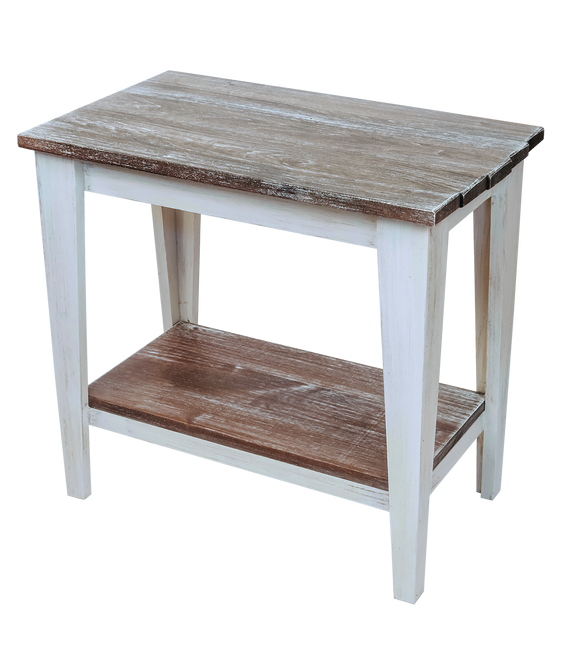 Cottage/Weathered Grey Stain Tapered Leg Side Table with Deck Board top and Bottom Shelf