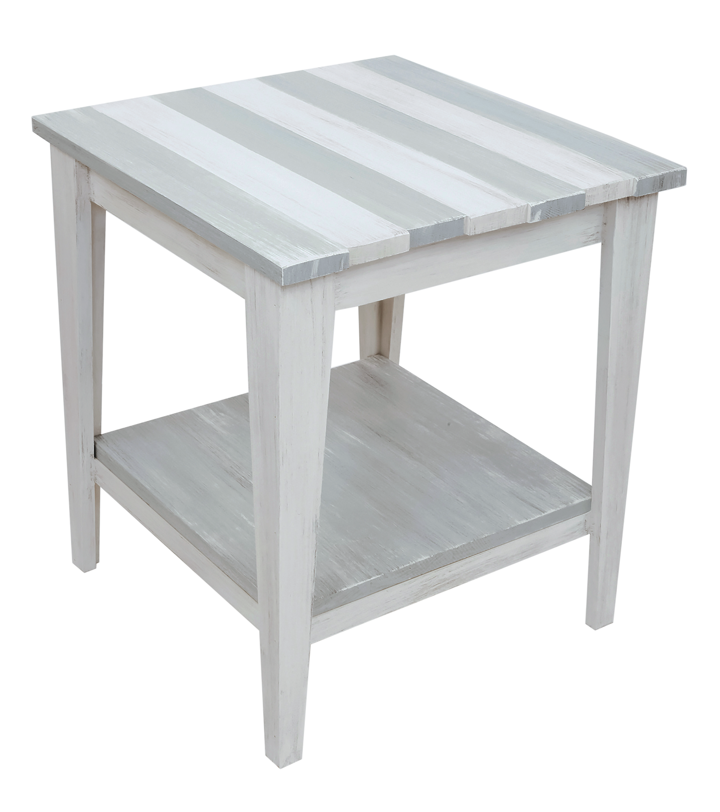 Cottage/Pale Grey Stripe Tapered Leg 21" End Table with Deck board top and shelf
