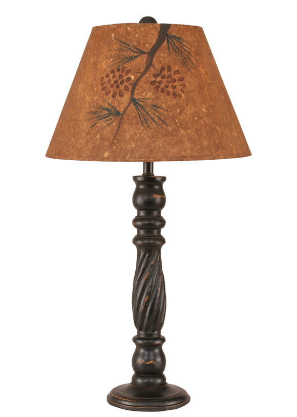 Distressed Black Swirl Table Lamp w/ Pine Branch Shade