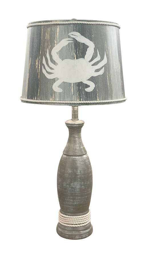 Weathered Grey Casual Pedestal Lamp w/White Rope Accent- Hand painted Crab Shade