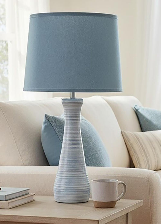 Nude/Atlantic Grey Ribbed Hour Glass Table Lamp with Atlantic Grey Shade