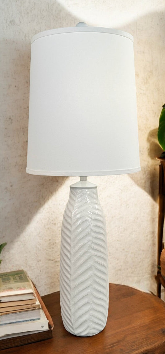 High Gloss Ivory Tall Indented Leaf Table Lamp
