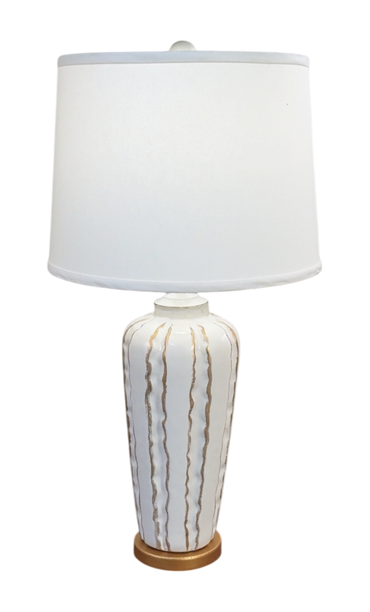 High Gloss Nude Indented Vase Table Lamp with Gold Accent and Base