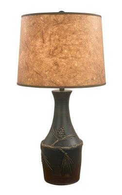 Burnt Sienna/Gold Vase Table Lamp with Pine Cone Accent- Woodchip Shade