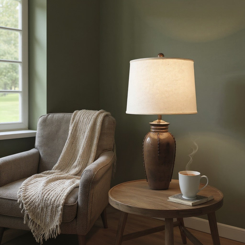 Distressed Camel Ginger Jar with Ribbed Neck and Spine Accent Table Lamp