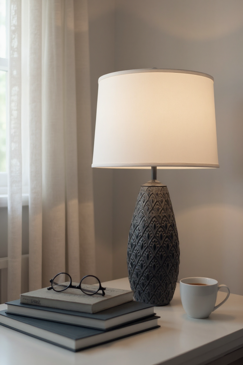 Distressed Charcoal Large Fleur De Lis Vase Table Lamp