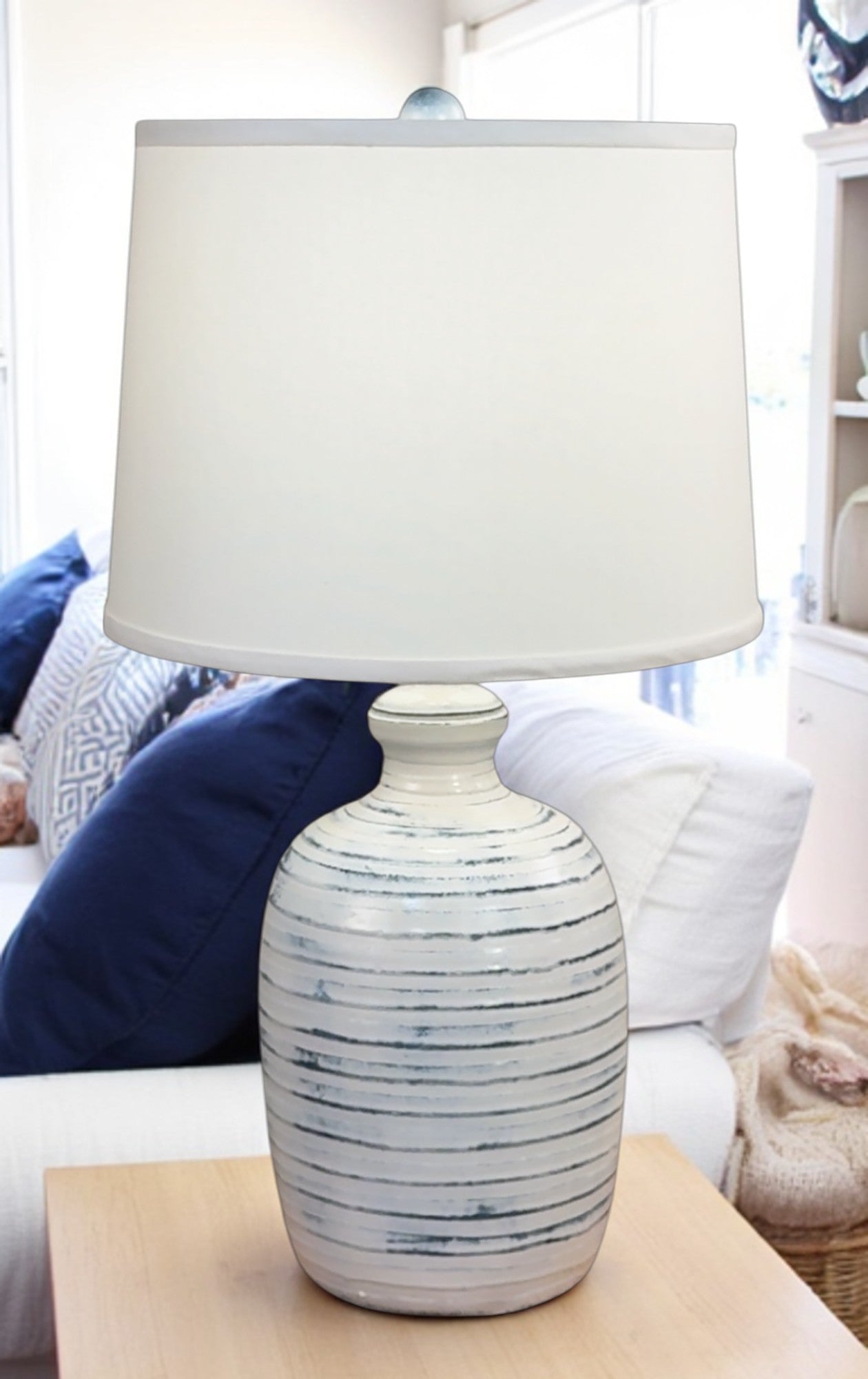 Farmhouse Navy Bee Hive Table Lamp w/ Off White Shade