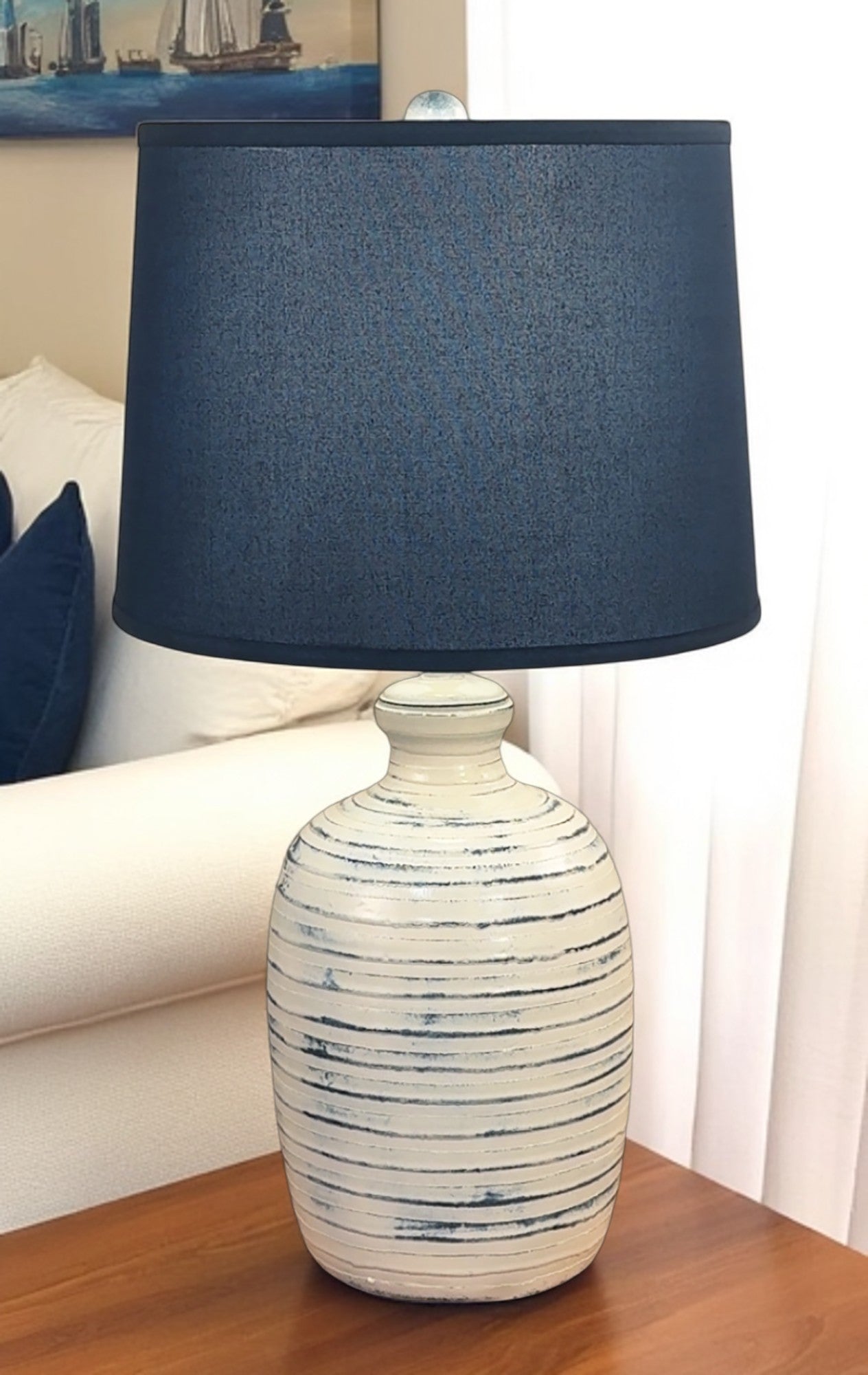 Farmhouse Navy Bee Hive Table Lamp w/ Navy Shade