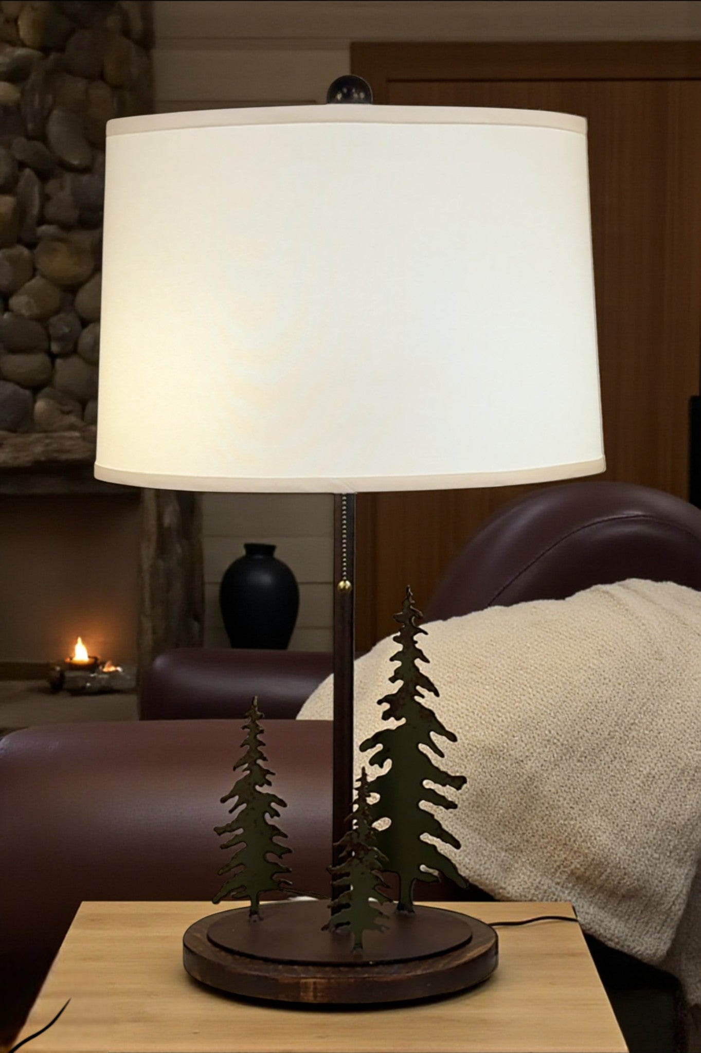 Rugged Pine Iron 3 Tree Lamp w/ Rough Sawn Base and 2 Bulb Socket