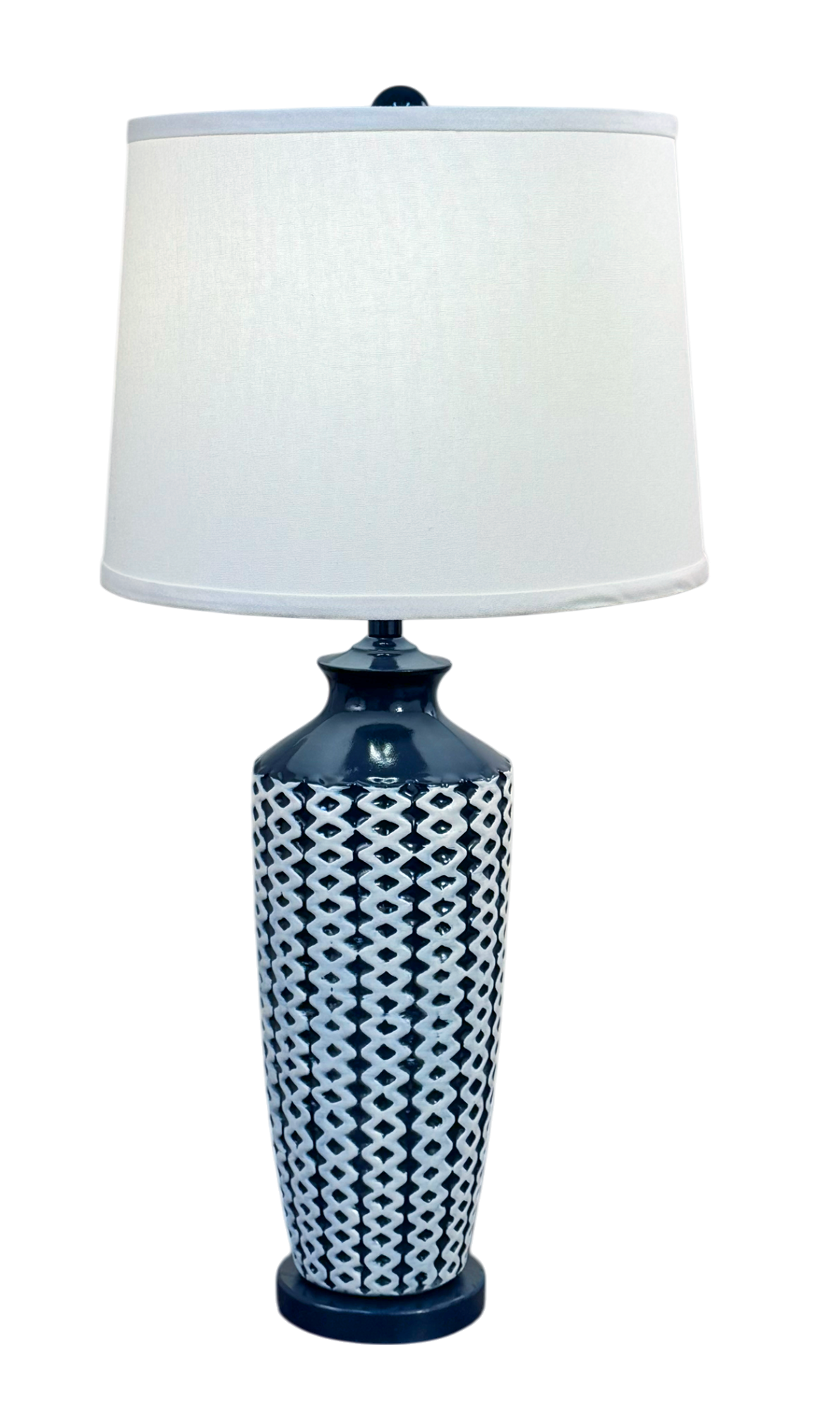 Navy/Ivory Tall Basket Weave Vase Table Lamp